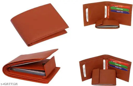 Tan synthetic men's wallet, Heneda Boys album style with 2 compartments, free size (9cm x 3cm), Indian origin