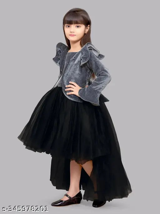 Black viscose rayon long-sleeved gown for kids (4-8 years), stylish party wear dress with round neck and zipper closure