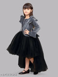 Black viscose rayon long-sleeved gown for kids (4-8 years), stylish party wear dress with round neck and zipper closure