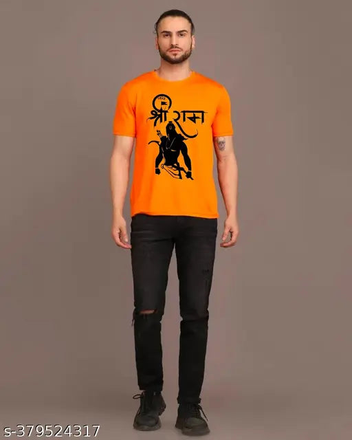 Orange polycotton men's regular fit polo t-shirt with half sleeves, Jai Sri Ram printed design, Ram Mandir theme