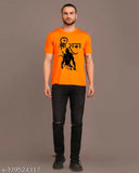 Orange polycotton men's regular fit polo t-shirt with half sleeves, Jai Sri Ram printed design, Ram Mandir theme