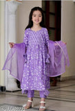 Maroon Rayon A-Line Kurta Pyjama Set with Dupatta - Embellished, ready-to-wear festive attire for women (5-6yrs to 13-14yrs)