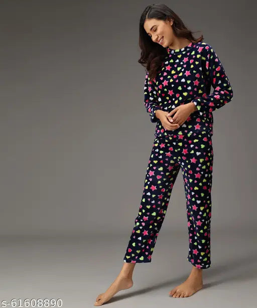 Women's Woolen-blend fleece fur, velvet night suit printed top & pyjama set (M/L/XL/2XL), warm and trendy winter wear