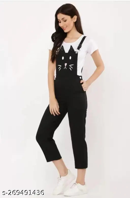 Black cotton blend evergreen collection dungaree, full length for women with short sleeves, featuring a printed net cat design