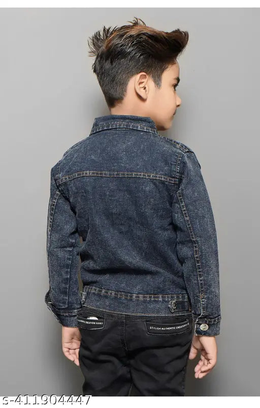 Blue denim jacket with a front zipper, long sleeves, and two pockets