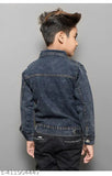 Blue denim jacket with a front zipper, long sleeves, and two pockets