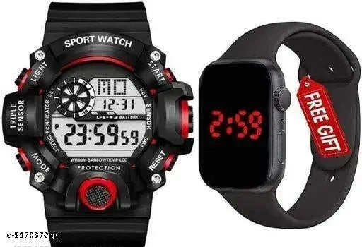 A black sports watch with red accents, digital display and a black strap
