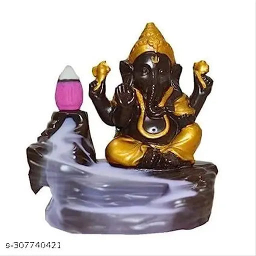 Poly resin Ganesh Idol backflow waterfall incense holder with 30 backflow cones, decorative Indian showpiece for meditation space or home decor