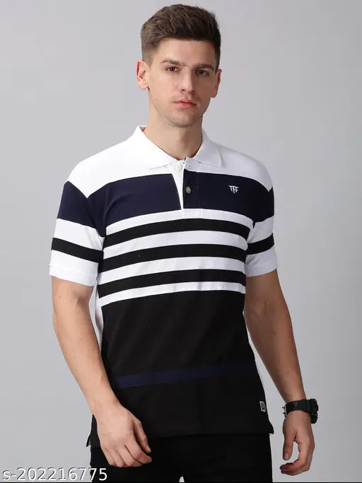 Striped cotton, short sleeve premium collar t-shirt for men from The Fashion Factory (India)
