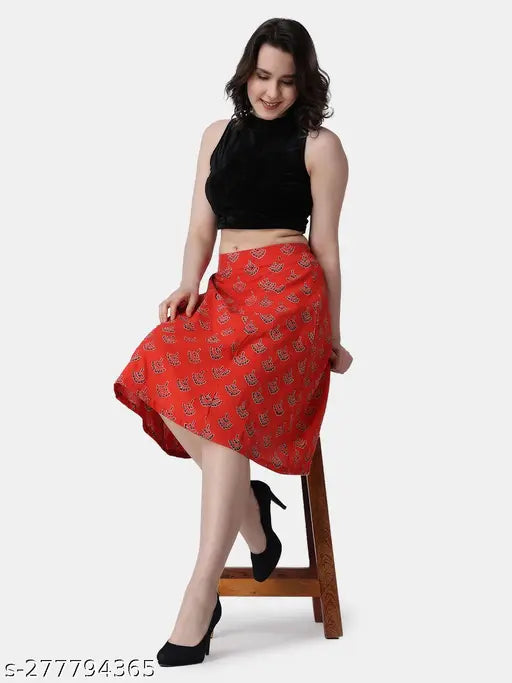 Red cotton flared skirt with Bagru print, women's ethnic motif for parties or events