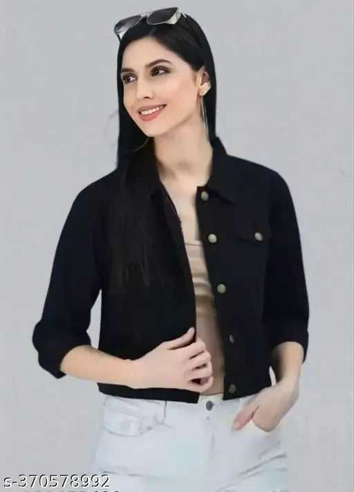 Denim solid-color classic women's jacket, long sleeves, sizes S-XL, made in India