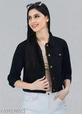 Denim solid-color classic women's jacket, long sleeves, sizes S-XL, made in India