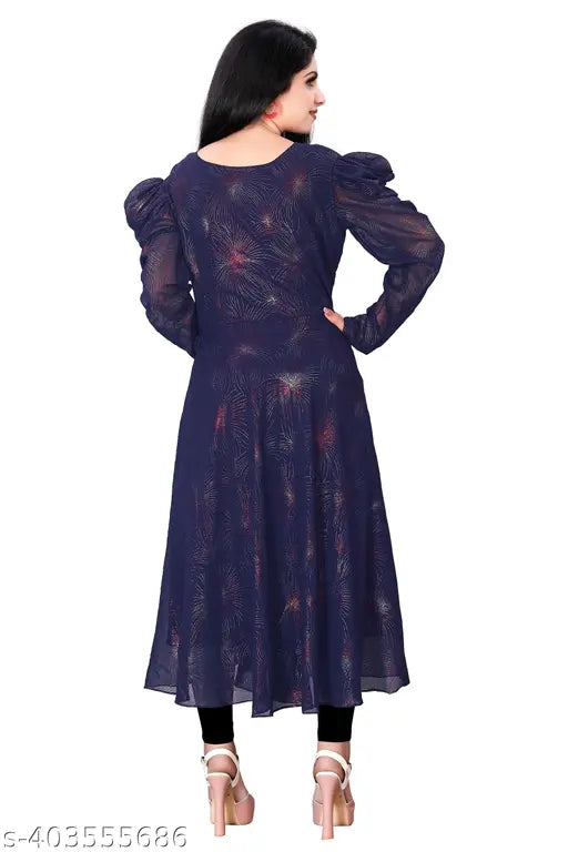 Western Blue Georgette Long Sleeve Solid Kurti for Women, 7/4 Anarkali style, trendy party wear