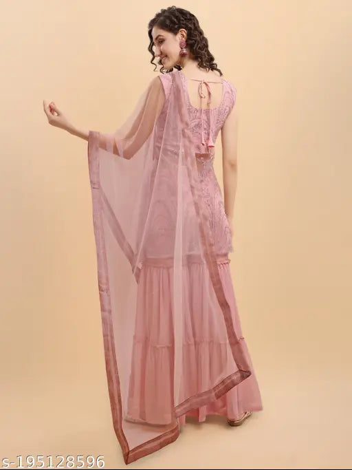 Pink net and georgette printed kurta set with dupatta and palazzos, featuring sleeveless design, round neck, silver zari, and beads. Traditional occasion wear with lace-bordered dupatta. Made in India