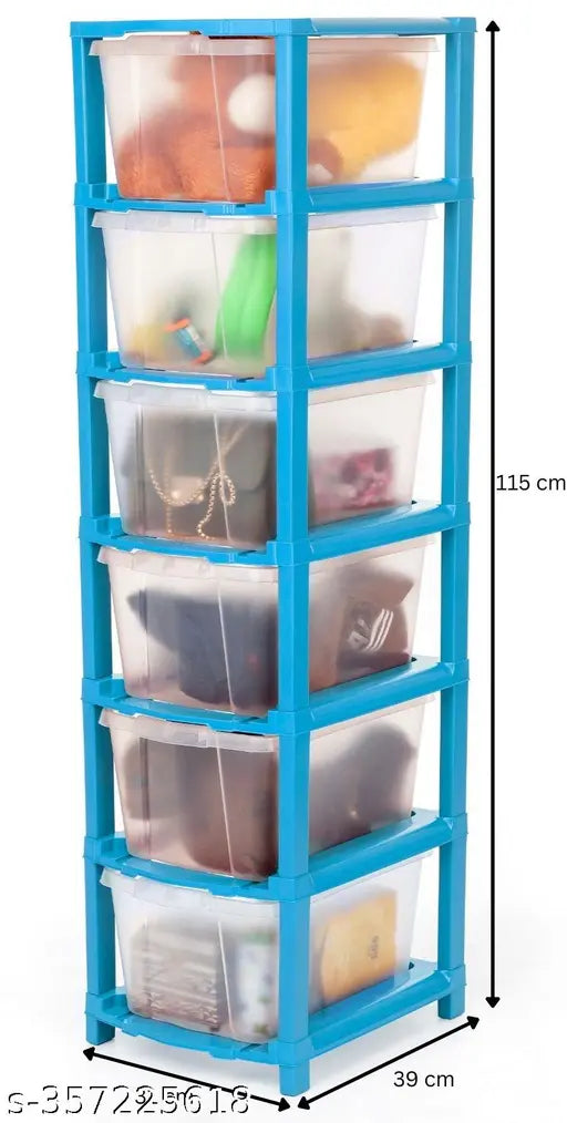 Blue plastic drawer organizer for clothes, toys, books, shoes etc., 6xL size on display shelf