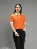Nimble orange cotton short sleeve smart polo for women, solid design in women's fashion apparel collection from India
