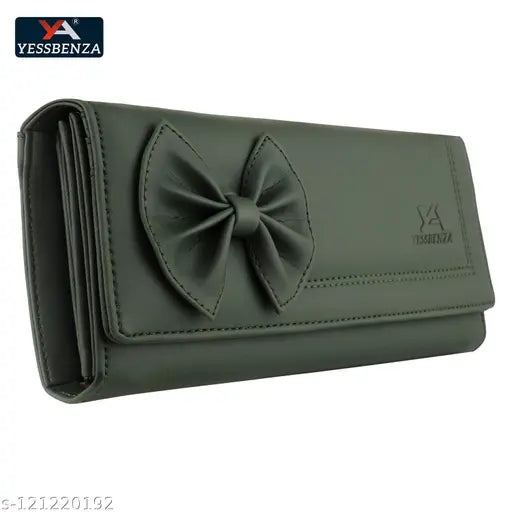 Black two-fold wallet with bow detail, multiple card slots, trendy design