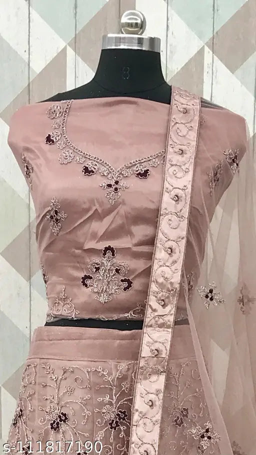 Lavender embroidered net Lehenga Choli set with 2.5m dupatta, semi-stitched blouse. Indian designer ethnic wear for parties, festivals, and special occasions