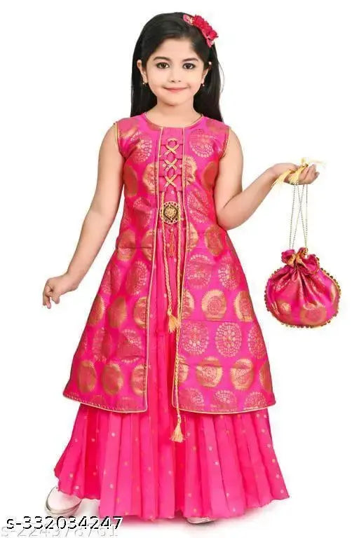 Silk sleeveless printed net frock for toddlers, vibrant colors on display stand. (India)