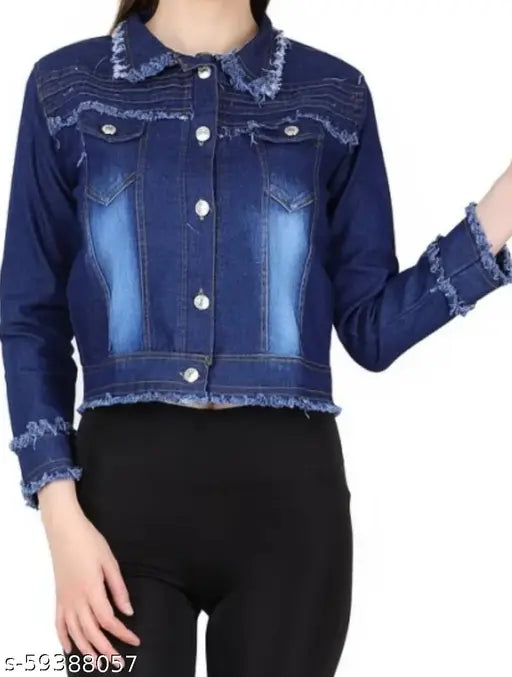 Dark rough denim jacket, solid pattern, long sleeves, pair with t-shirt & jeans, made in India (S: 34in bust, 18in length; M: 36in bust, 19in length)