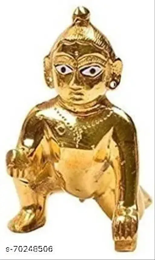 Brass Laddu Gopal idol, gold color, depicting Krishna sitting, ornate petal design.