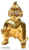 Brass Laddu Gopal idol, gold color, depicting Krishna sitting, ornate petal design.