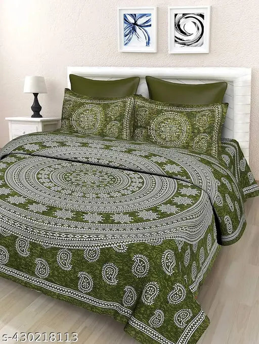 Green cotton paisley bedsheet set with 2 pillow covers, 90x100 Queen size.