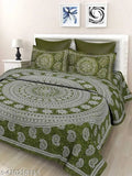 Green cotton paisley bedsheet set with 2 pillow covers, 90x100 Queen size.