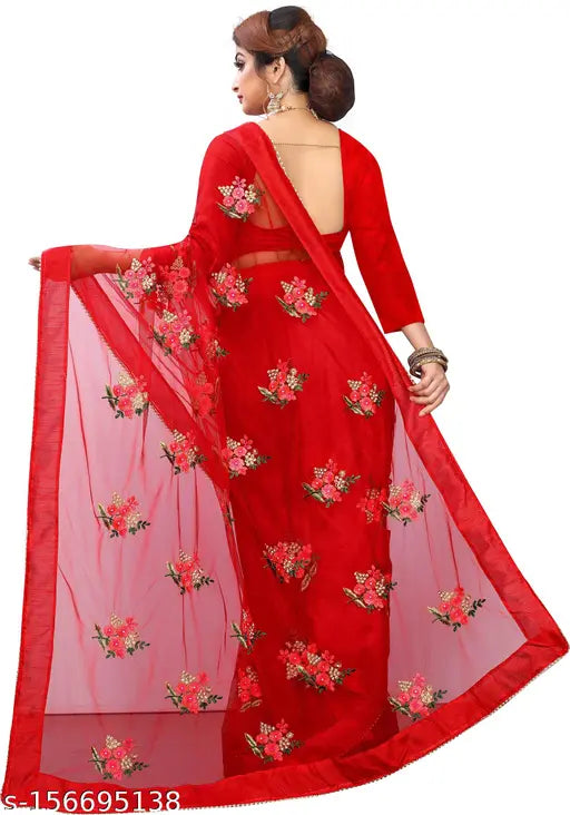 Beautiful net fabric party saree with solid silk blouse, embroidered pattern, free size, made in India (5.5m saree + 0.8m blouse piece)