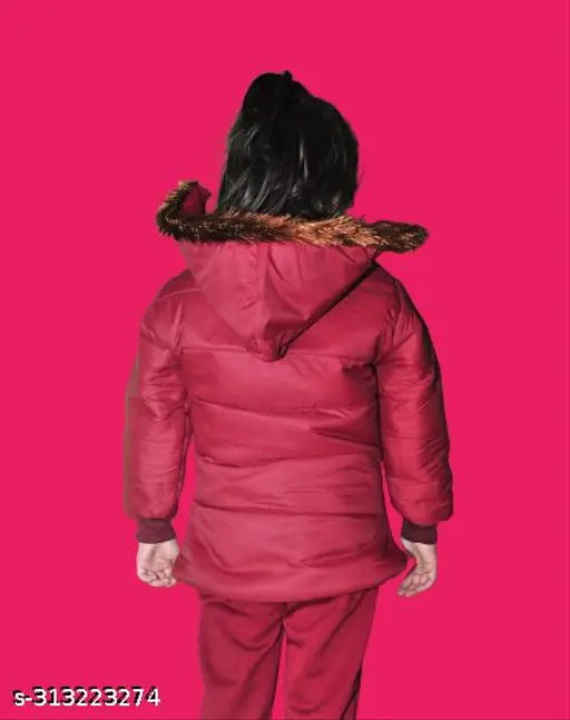 Maroon padded jacket with a hood and fur trim