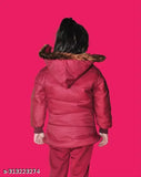 Maroon padded jacket with a hood and fur trim