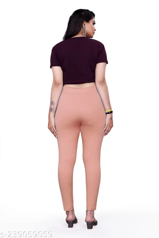 Pink Cotton Lycra jeggings, high rise, ankle length, sleek design with front seam detail and classy steel button, adult size, made in India (size 28 or 30)
