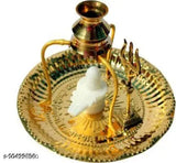 White Marble Shiva Lingam Set with Brass Accessories, decorative Indian puja thali for Shivling worship, dimension: 16x16x18 cm