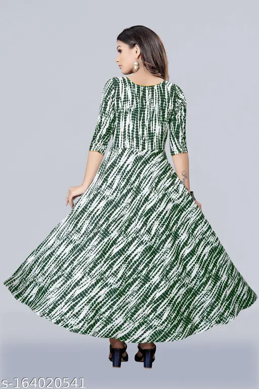 Leheriya print rayon plus-size Anarkali kurti, cotton slub fabric, triangle neck, long sleeves