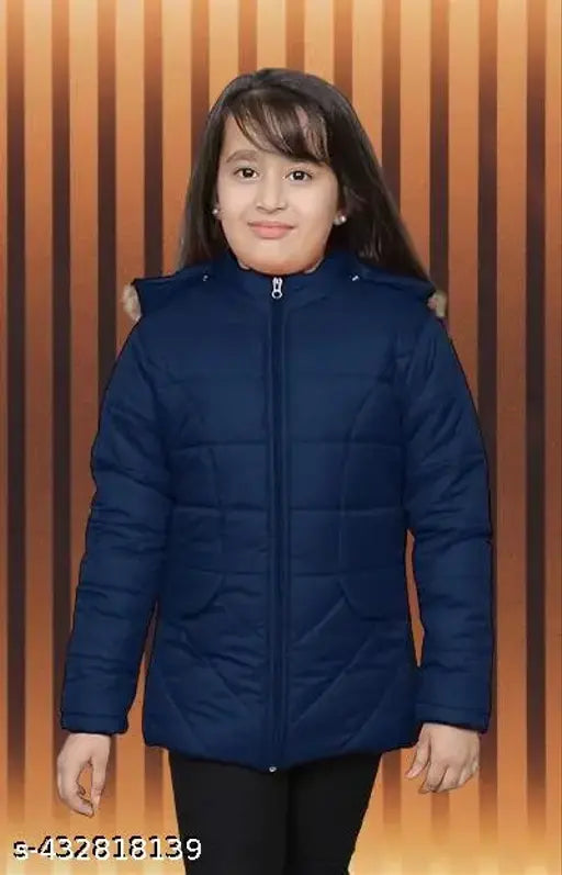 Girl in navy padded jacket with hood