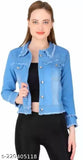 Blue denim jacket for women and girls, solid pattern, long sleeves, size XS (bust 30 in, length 19 in), made in India