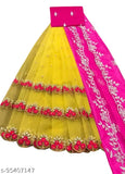 Embroidered dupion silk and net lehenga with heavy thread work, semi-stitched (waist size: 44in, length: 43in), featuring cut work border and a matching heavy net dupatta with beautiful thread work broder and length 2.10-2.20m, handcrafted in India