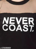 Black cotton crop top with Never Coast print and net detail, suitable for women's casual wear