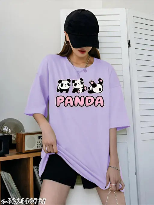Purple oversized t-shirt with off shoulder design and cute panda graphics, trendy for women