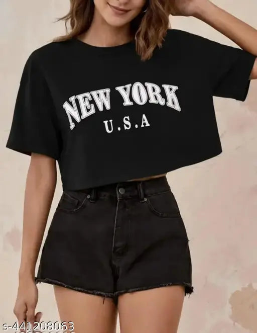 Black cotton short sleeve women's crop top T-shirt, printed pattern, royal branded, India origin