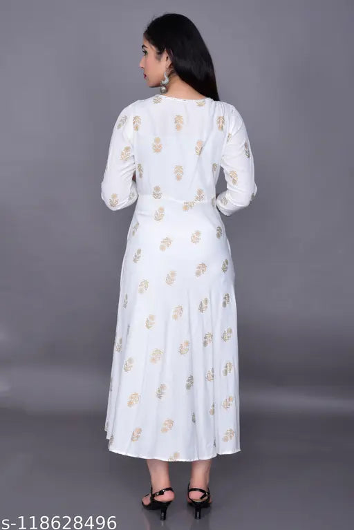 Indian rayon printed Anarkali kurtis with three-quarter sleeves, vibrant pattern. Available in XS, S, M (38in bust), L, XL, XXL, 4XL
