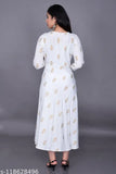 Indian rayon printed Anarkali kurtis with three-quarter sleeves, vibrant pattern. Available in XS, S, M (38in bust), L, XL, XXL, 4XL