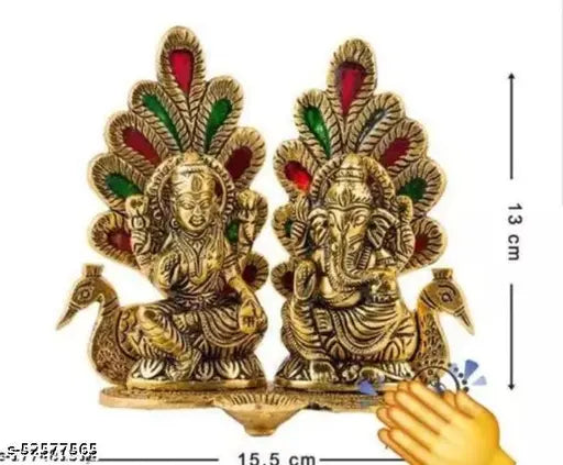 Metal Laxmi Ganesh Peacock Idol, golden handcrafted Ganesh idol set for home, temple, or office gifting; symbolizing luck and happiness, India origin