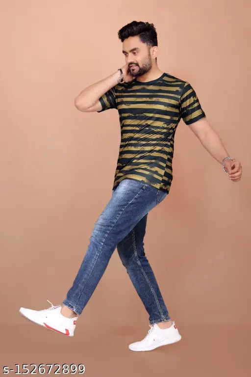 Gold striped short sleeve t-shirts, smoothly stretchable fabric for men, India