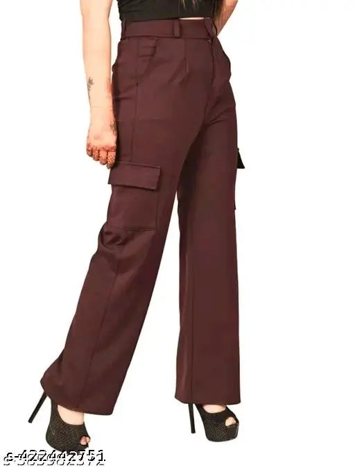 Burgundy high rise cargo pants with slanted inset pockets, patch with flap