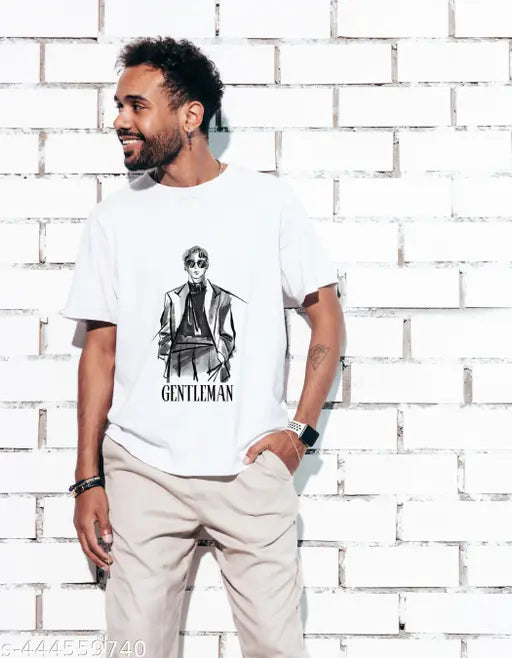 White cotton half sleeve printed t-shirt, regular fit round neck, suitable for men's casual wear in white color