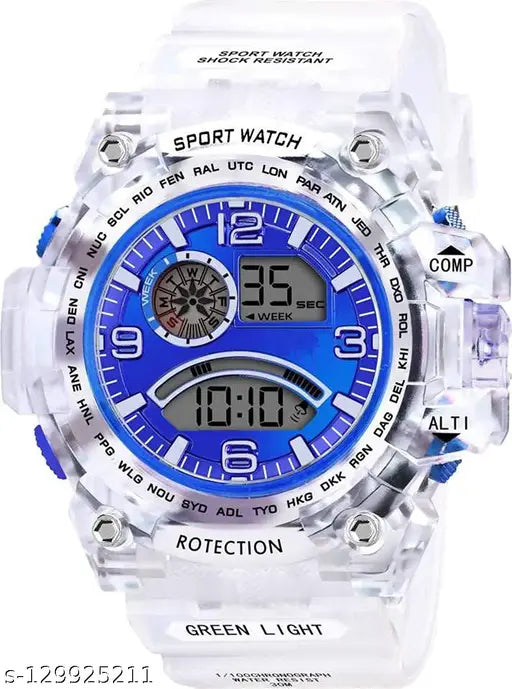 Digital sports watch, blue, white strap, multi-functional, waterproof, shockproof