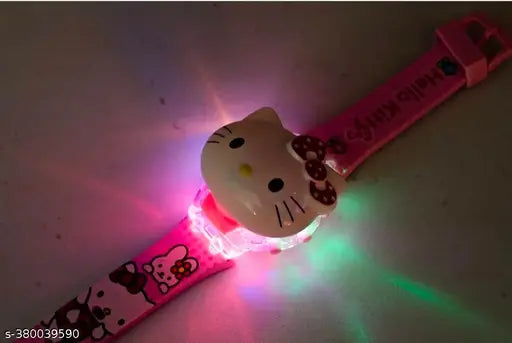 Pink digital watch with kitty face design, featuring glowing eyes and heart nose details