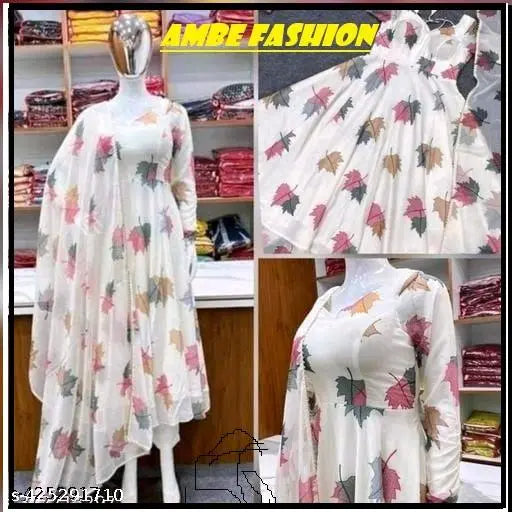 White printed Georgette kurtis, Indian long-sleeved dress with printed net pattern on display