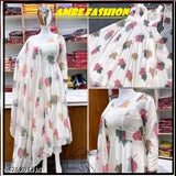 White printed Georgette kurtis, Indian long-sleeved dress with printed net pattern on display